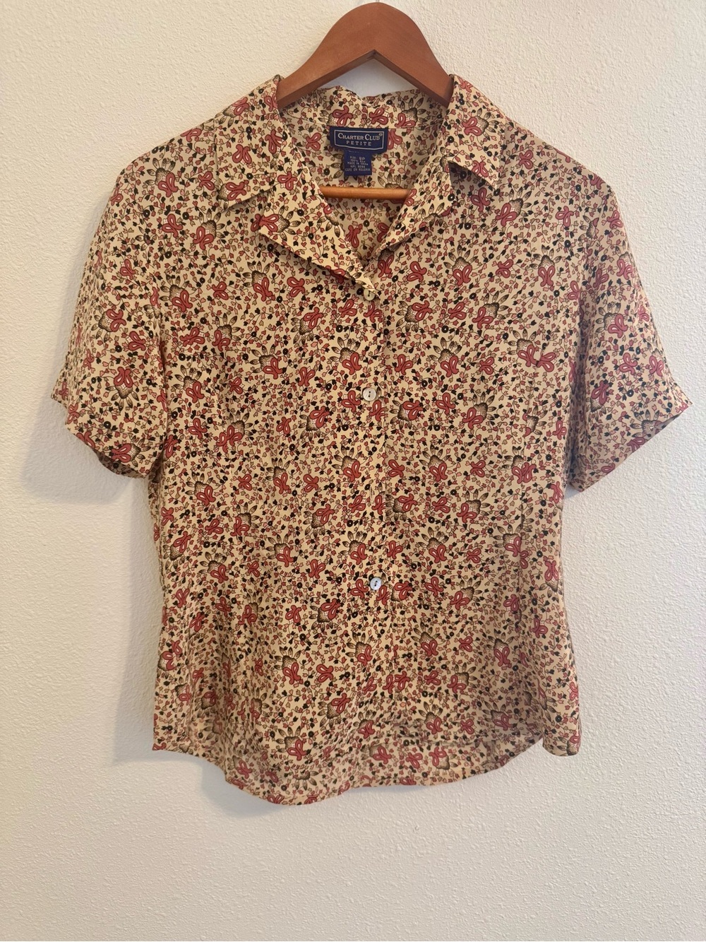 100% Silk Petite Floral Button Up Blouse 8P